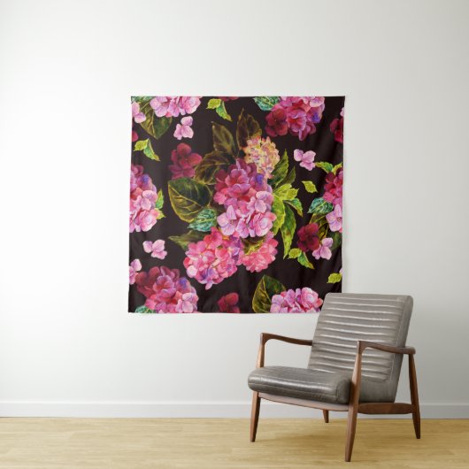 Naadloos bloempatroon. Hydrangea op een donker Wandkleed (In Situ (horizontaal))