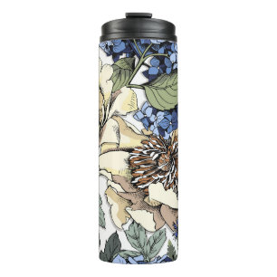 Naadloos bloempatroon. Hydrangea, Peony, wildf Thermosbeker
