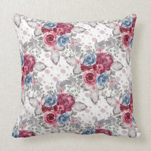 Naadloos bloempatroon - Stofblauw en bordeauxrood  Kussen