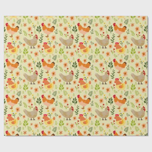 Naadloos Boerderij Kip en Bloemenpatroon Cadeaupapier (Vlak)