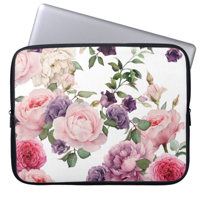 Naadloos floreel patroon met rozen, waterverf. laptop sleeve (Voorkant)