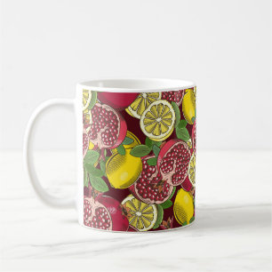 naadloos gekleurd patroon met granaatappels en een koffiemok