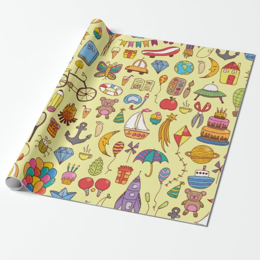  naadloos getekend patroon met doedle ki cadeaupapier (Uitgerold)