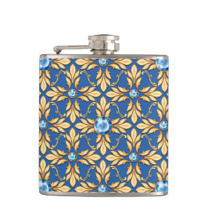 Naadloos gouden patroon met blauwe gememen 1 heupfles