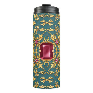 Naadloos gouden patroon met ruby thermosbeker