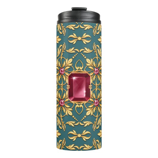 Naadloos gouden patroon met ruby thermosbeker (Voorkant)