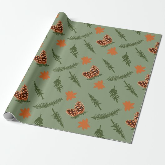 Naadloos inpakpapier: Autumn Pine Tree Branch Cadeaupapier (Uitgerold)
