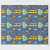 Naadloos inpakpapier: schoolbus, tas, vliegtuig cadeaupapier (Vlak)