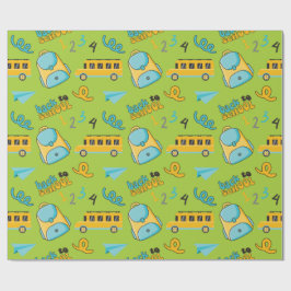 Naadloos inpakpapier: schoolrugzakbusvliegtuig cadeaupapier