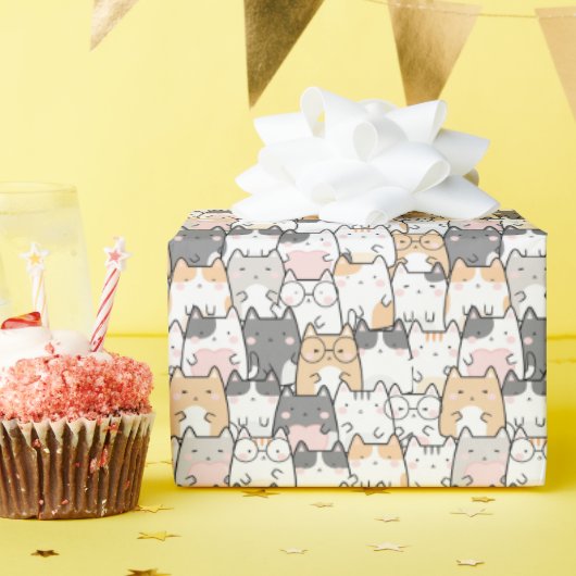 Naadloos Kawaii Cute Cats Patroon Cadeaupapier (Verjaardagsfeest)