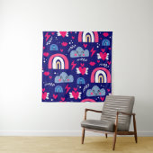 naadloos kinderpatroon, regenboog, wolken; wandkleed (In situ)