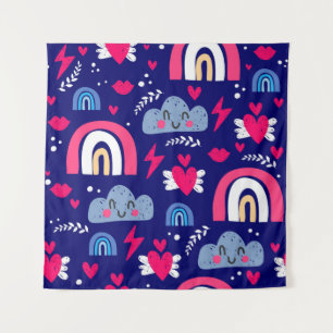 naadloos kinderpatroon, regenboog, wolken; wandkleed