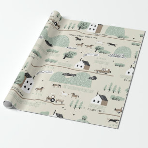 Naadloos kleurrijk patroon met huis, bomen, paard cadeaupapier