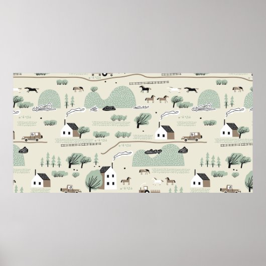 Naadloos kleurrijk patroon met huis, bomen, paard poster (Voorkant)