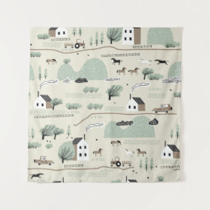 Naadloos kleurrijk patroon met huis, bomen, paard wandkleed