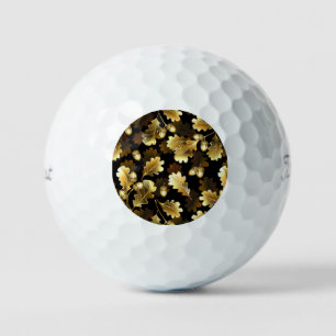 Naadloos met gouden eiken takken op zwart golfballen
