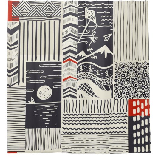Naadloos patchwork-patroon van abstracte doedels. douchegordijn (Voorkant)