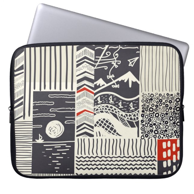 Naadloos patchwork-patroon van abstracte doedels. laptop sleeve (Voorkant)