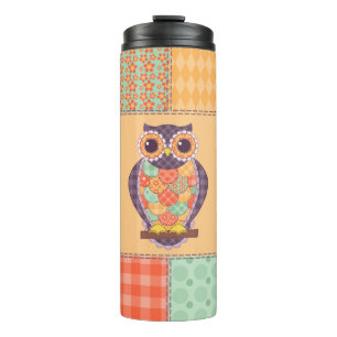 Naadloos patchwork-uil patroon. achtergrond thermosbeker