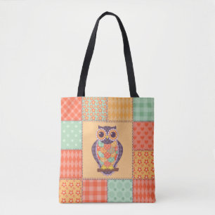 Naadloos patchwork-uil patroon.  achtergrond tote bag