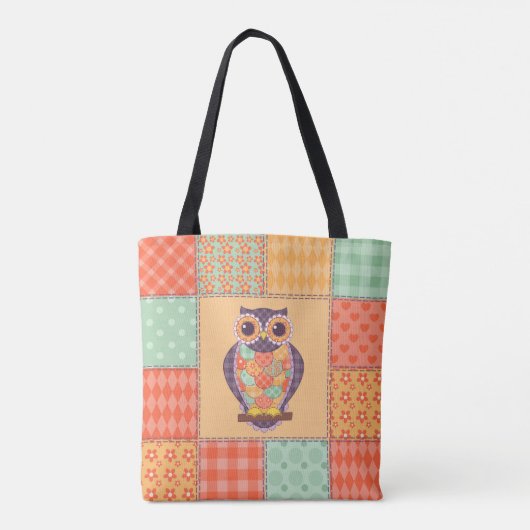 Naadloos patchwork-uil patroon.  achtergrond tote bag (Achterkant)