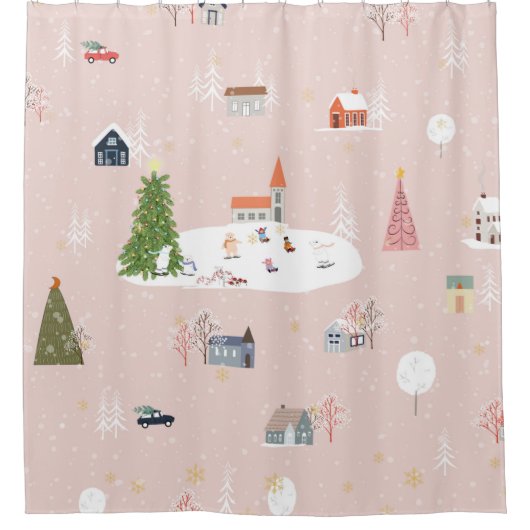 Naadloos patroon Kute kerstmis landschap t Douchegordijn (Voorkant)