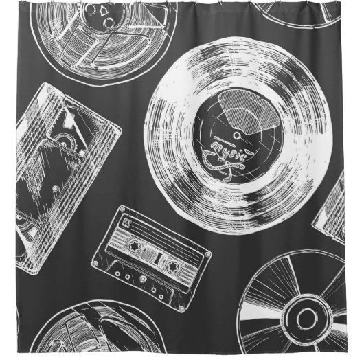 Naadloos patroon met audio- en videodragers. Vi Douchegordijn (Voorkant)