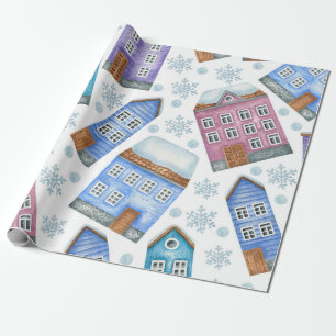 Naadloos patroon met beelden van winterhuizen en s cadeaupapier