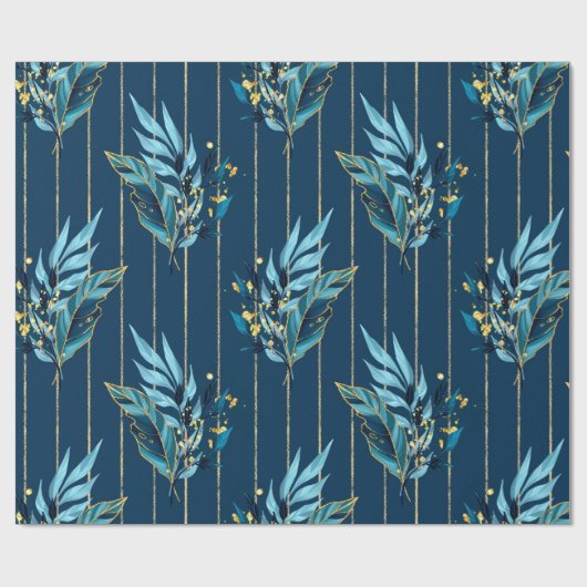 Naadloos patroon met blauwe bladeren en strepen cadeaupapier (Vlak)