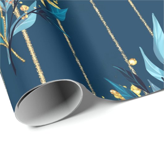 Naadloos patroon met blauwe bladeren en strepen cadeaupapier (Rol Hoek)