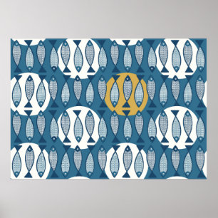Naadloos patroon met blauwe vis geïnspireerd door  poster