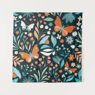 Naadloos patroon met bloemen en vlinders wandkleed