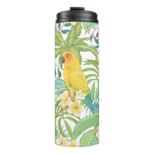 Naadloos patroon met bloemen Plumeria, bladeren en Thermosbeker