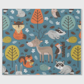Naadloos patroon met bosdieren op blauwe achtergro cadeaupapier (Vlak)