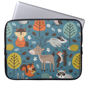 Naadloos patroon met bosdieren op blauwe achtergro laptop sleeve