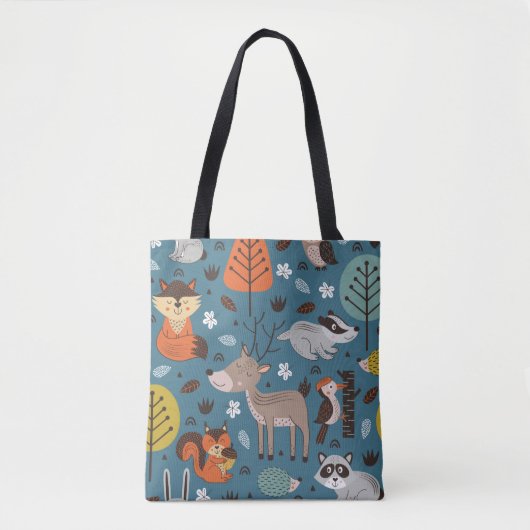 Naadloos patroon met bosdieren op blauwe achtergro tote bag (Voorkant)