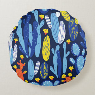 naadloos patroon met cactus op donkerblauw rond kussen