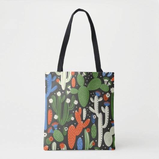 naadloos patroon met cactus op zwarte achtergrond. tote bag (Voorkant)