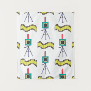 Naadloos patroon met camera's en filmstrips op een wandkleed