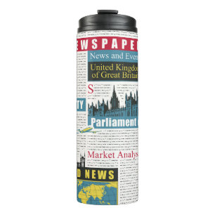 naadloos patroon met de Britse of Londense krant. Thermosbeker