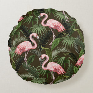 Naadloos patroon met flamingo en tropische bladere rond kussen