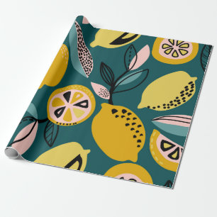 naadloos patroon met gele citroenen, vertakking cadeaupapier