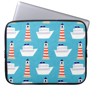 Naadloos patroon met golven, vuurtoren en cruis laptop sleeve
