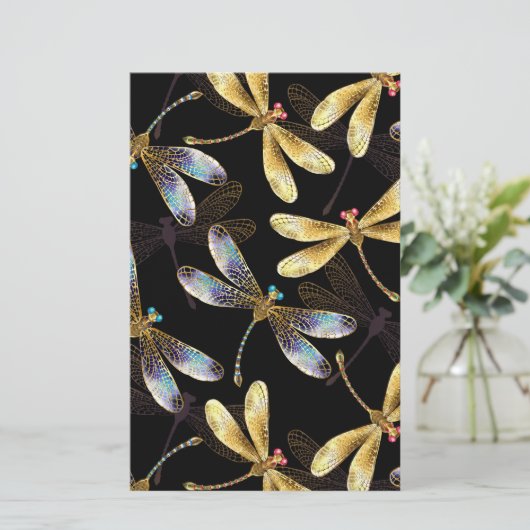 Naadloos patroon met gouden libellen briefpapier (Staand voorkant)
