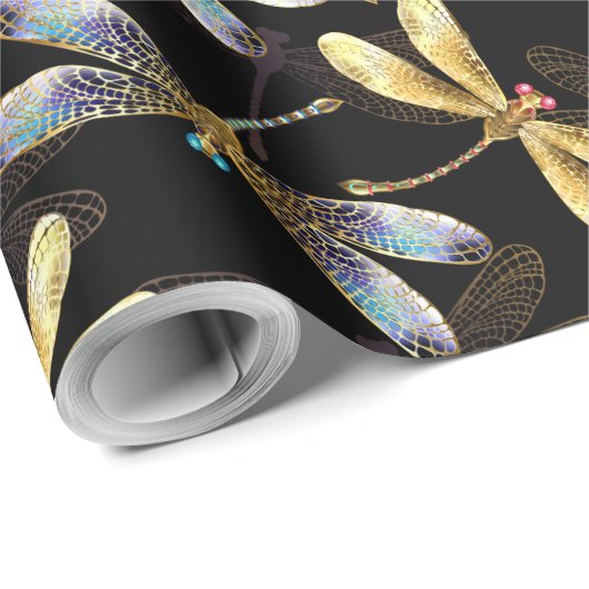 Naadloos patroon met gouden libellen cadeaupapier (Rol Hoek)