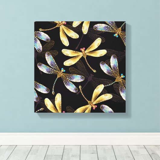 Naadloos patroon met gouden libellen canvas afdruk (Insitu (Houten vloer))