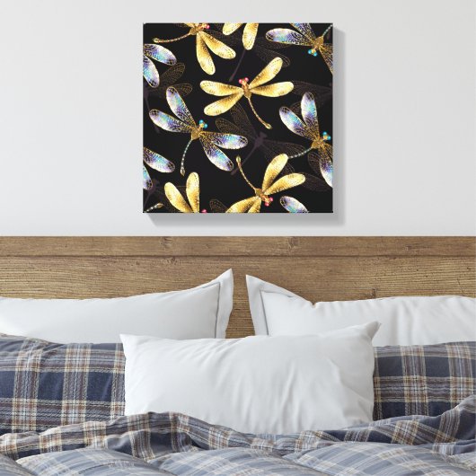Naadloos patroon met gouden libellen canvas afdruk (Insitu (Slaapkamer))