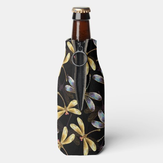 Naadloos patroon met gouden libellen flesjeskoeler (Fles Achterkant)