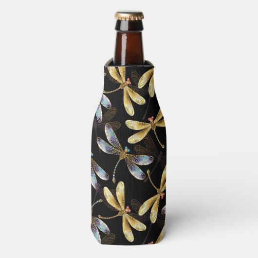 Naadloos patroon met gouden libellen flesjeskoeler (Fles Voorkant)