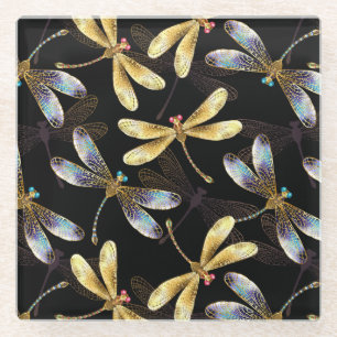 Naadloos patroon met gouden libellen glazen onderzetter